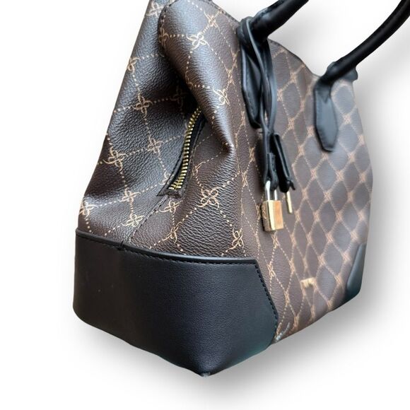 Nine West Brooklyn Jet Set Satchel Brown Black Logo Polyurethane Bag Purse Tote - Picture 6 of 9